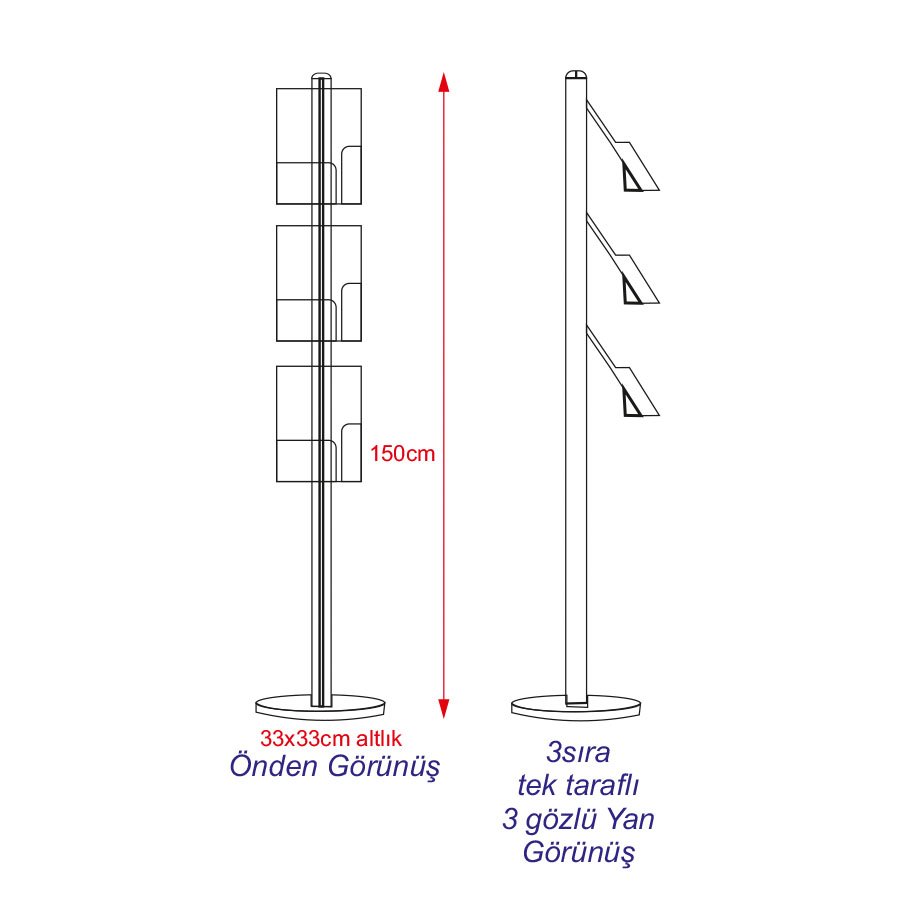 Broşürlük - Lens Modeli - 3 A4 Broşür Muhafazası - Ayaklı - Modüler