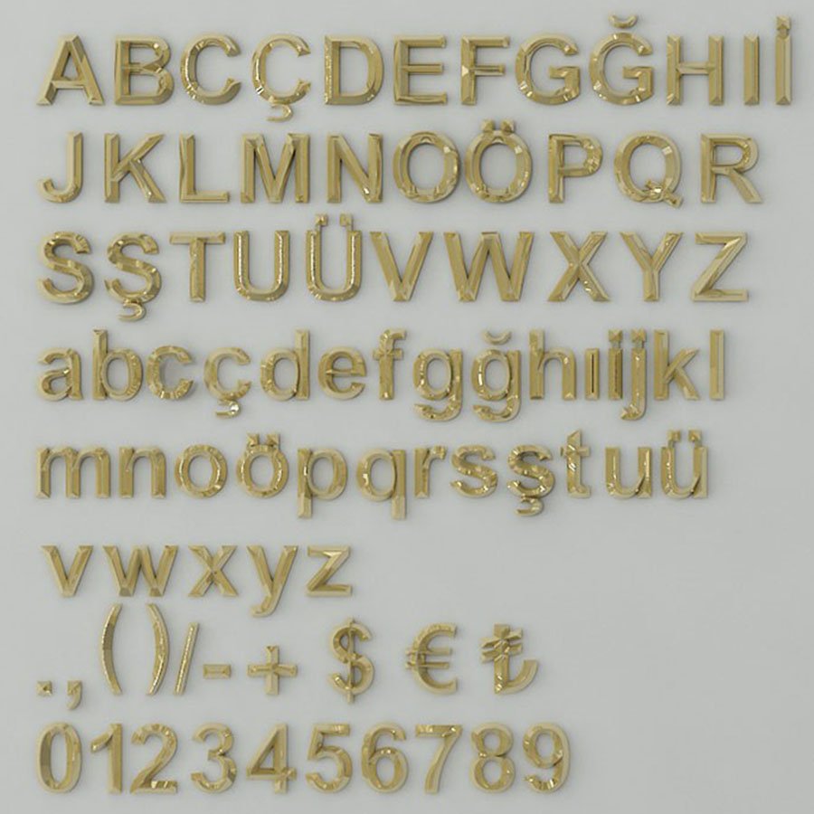 Altın Renkli Harf & Rakam (3D) 2cm