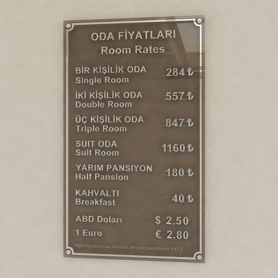 Oda Fiyatları Panosu - Krom Harfli Özel Tasarım