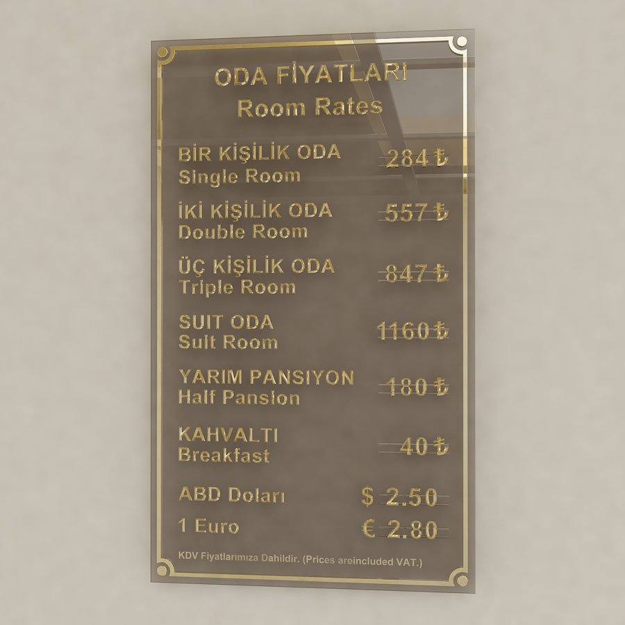 Oda Fiyatları Panosu - Krom Harfli Altın Rengi Özel Tasarım