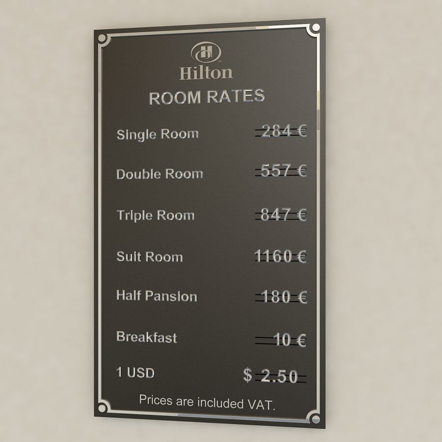 Oda Fiyatları Panosu - Krom Harfli Altın Rengi Özel Tasarım