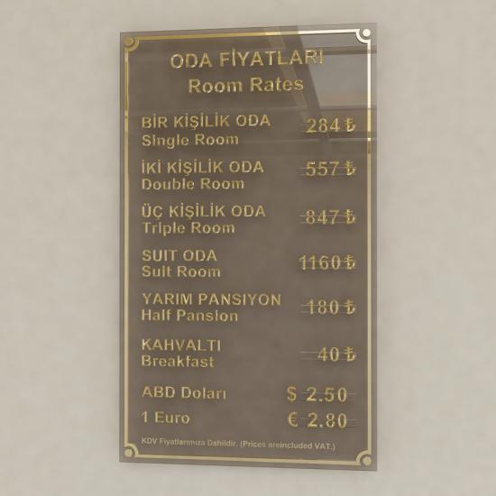 Oda Fiyatları Panosu - Altın Rengi Özel Tasarım